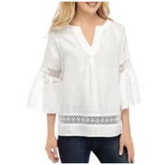 Crown & Ivy Women's M White Linen Blend Quarter Sleeve Bell Sleeve Summer Blouse - Picture 2 of 16